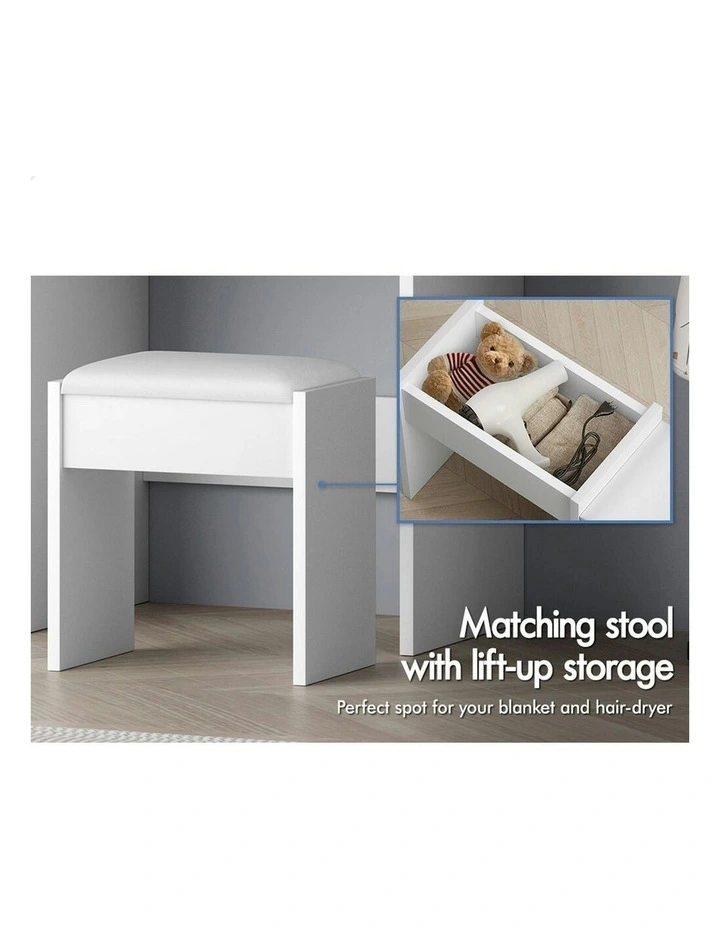 Makeup Mirror Vanity Desk Cabinet Dressing Table Stool Set in White image 7