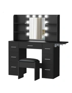Makeup Mirror Vanity Desk LED Bulbs Dressing Table Stool Set in Black