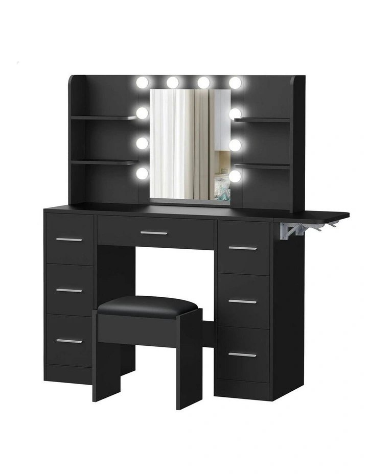Makeup Mirror Vanity Desk LED Bulbs Dressing Table Stool Set in Black image 1