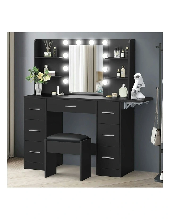 Makeup Mirror Vanity Desk LED Bulbs Dressing Table Stool Set in Black image 2