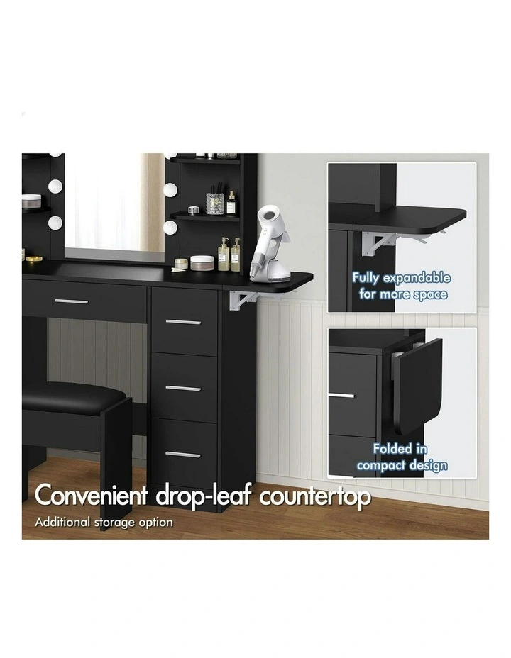 Makeup Mirror Vanity Desk LED Bulbs Dressing Table Stool Set in Black image 3