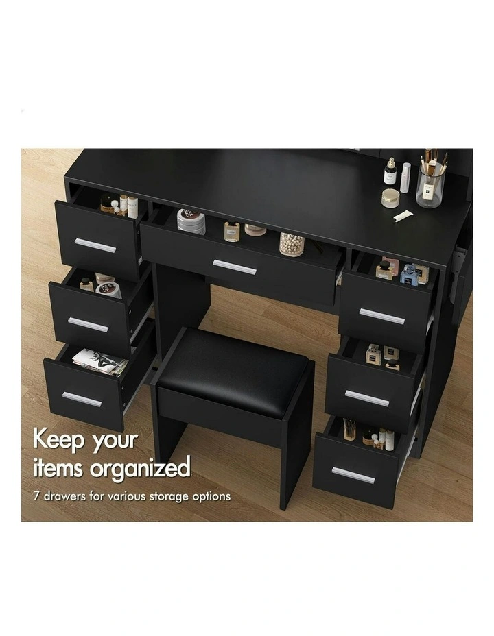 Makeup Mirror Vanity Desk LED Bulbs Dressing Table Stool Set in Black image 4