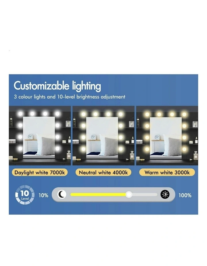 Makeup Mirror Vanity Desk LED Bulbs Dressing Table Stool Set in Black image 5
