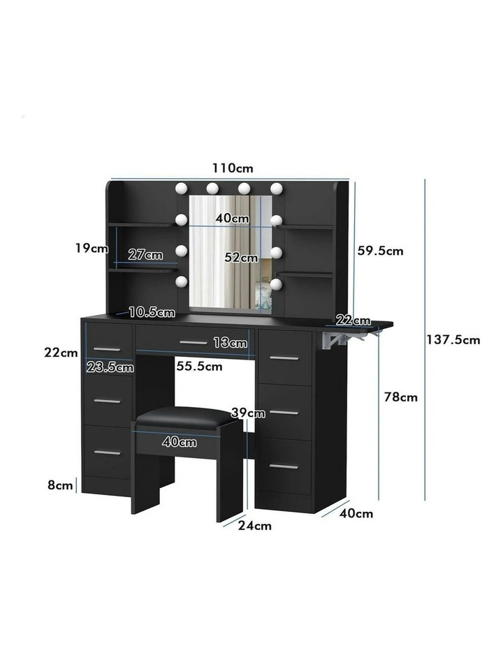 Makeup Mirror Vanity Desk LED Bulbs Dressing Table Stool Set in Black image 6