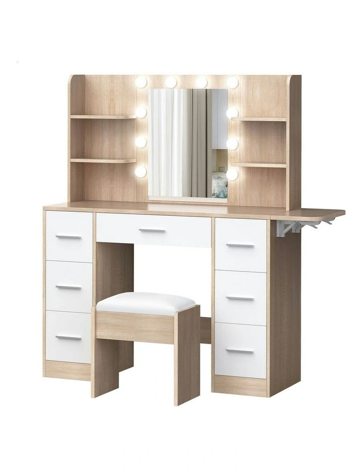 Makeup Mirror Vanity Desk LED Bulbs Dressing Table Stool Set in Oak image 1