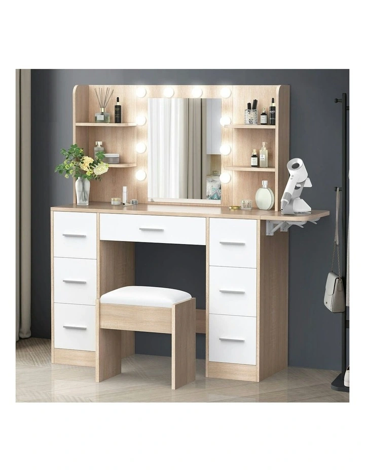 Makeup Mirror Vanity Desk LED Bulbs Dressing Table Stool Set in Oak image 2