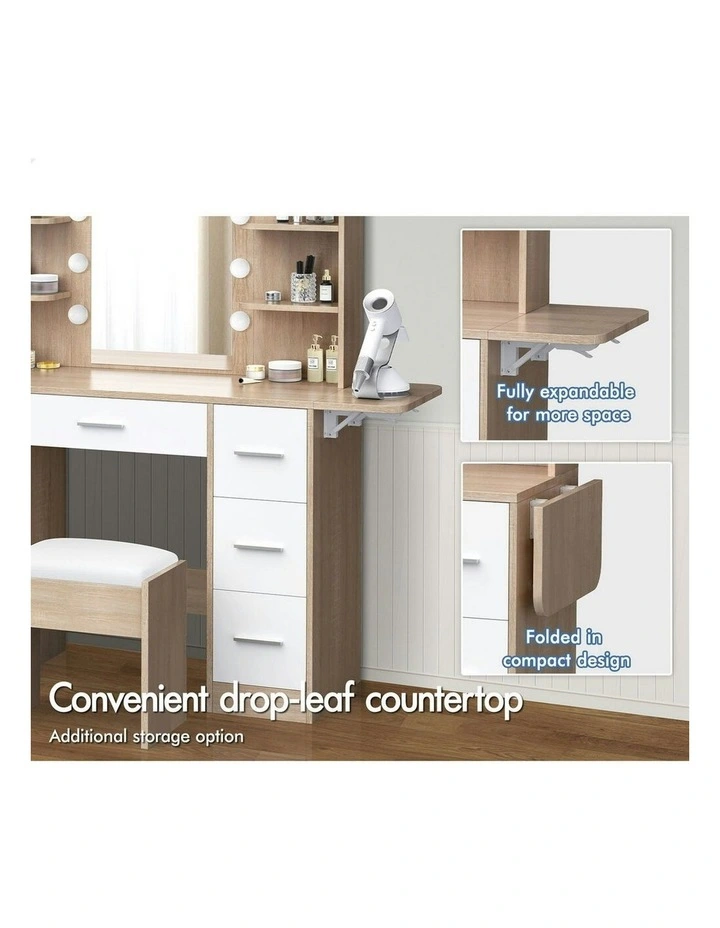 Makeup Mirror Vanity Desk LED Bulbs Dressing Table Stool Set in Oak image 3