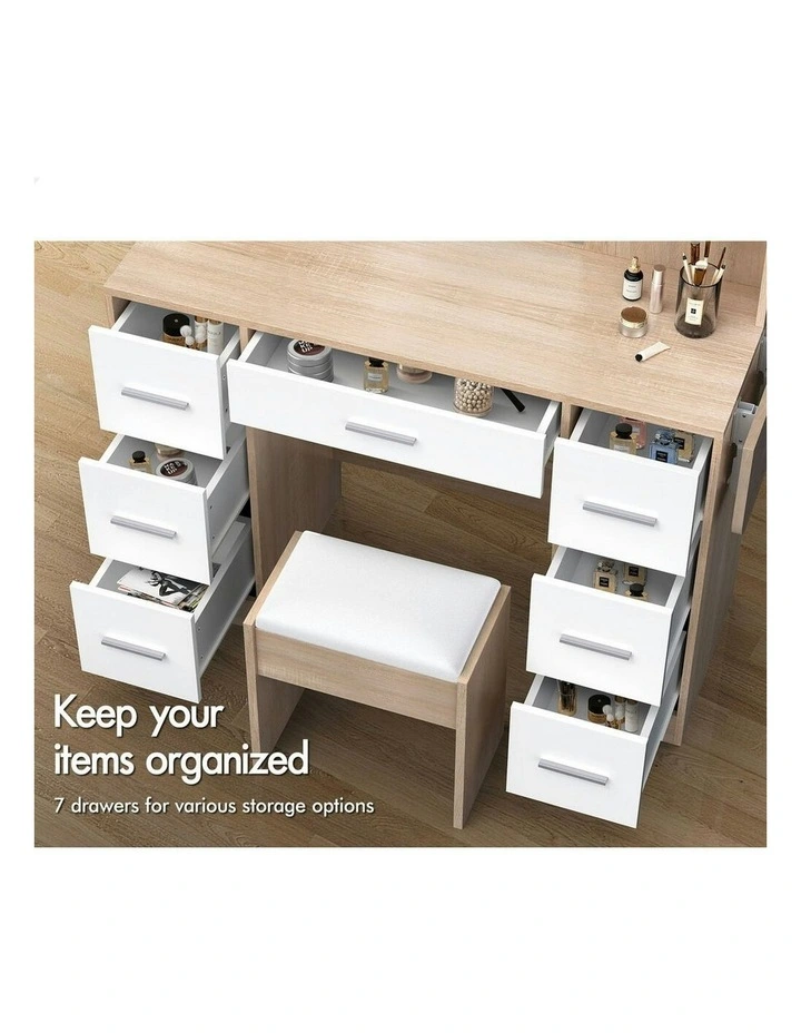 Makeup Mirror Vanity Desk LED Bulbs Dressing Table Stool Set in Oak image 4