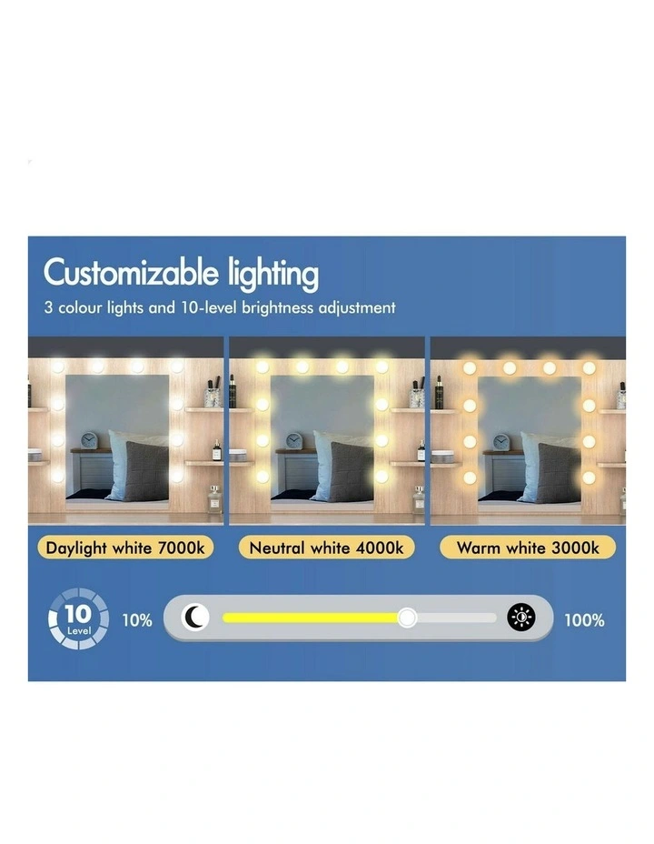 Makeup Mirror Vanity Desk LED Bulbs Dressing Table Stool Set in Oak image 5