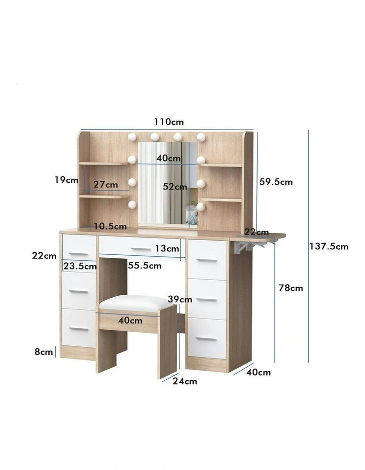 Makeup Mirror Vanity Desk LED Bulbs Dressing Table Stool Set in Oak image 6