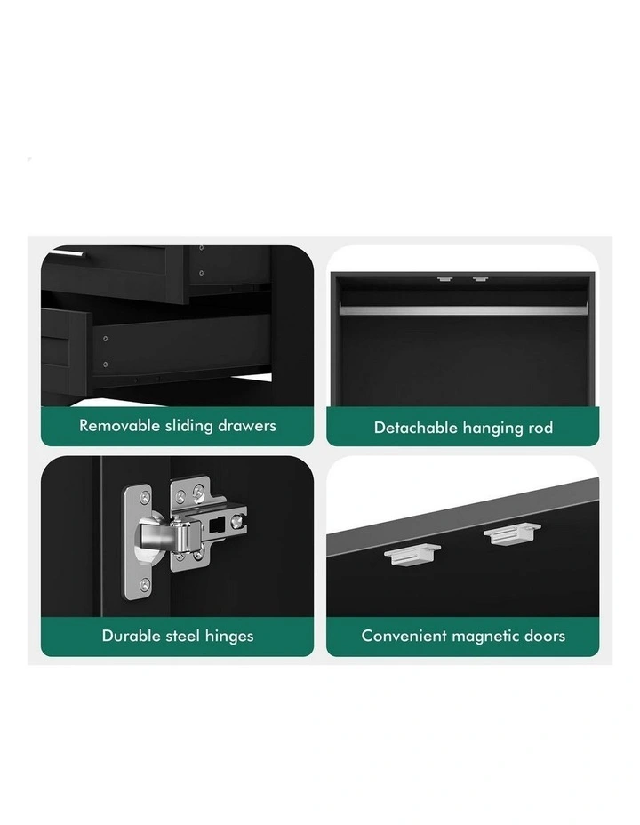 Clothes Cabinet Rod Wardrobe 2-Door in Black image 7