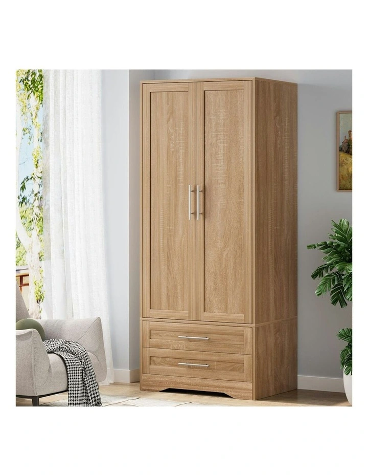 Wardrobe Clothes Cabinet Rod Wood 2-Door in Brown image 2