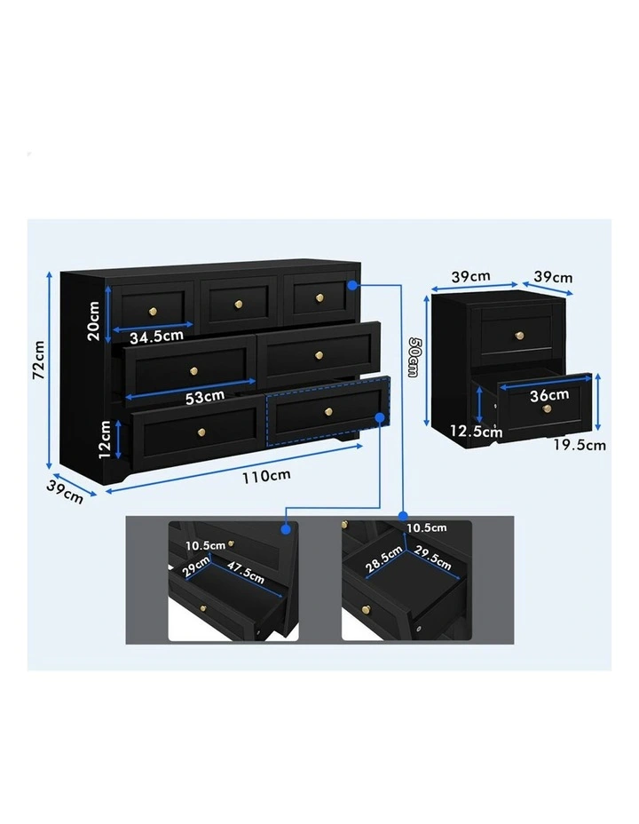 7 Chest Of Drawers Bedside Table Hamptons Bedroom Storage Set Of 2 in Black image 4