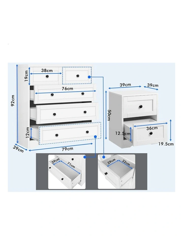 5 Chest Of Drawers Bedside Table Hamptons Bedroom Storage in White image 4