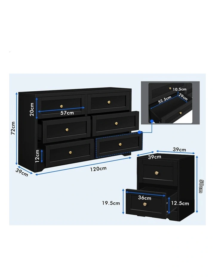 6 Chest Of Drawers Bedside Table Hamptons Bedroom Storage in Black image 4