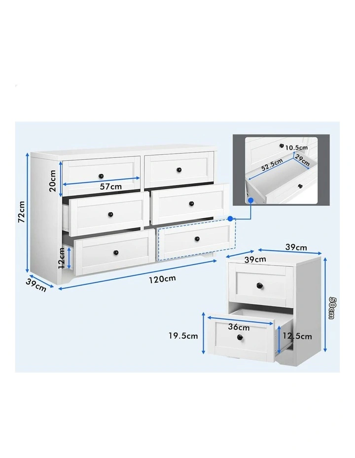 6 Chest Of Drawers Bedside Table Hamptons Bedroom Storage in White image 4