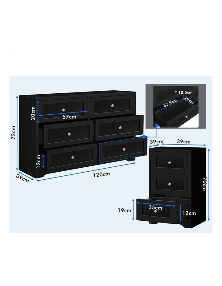 6 Chest of Drawers Bedside Table Bedroom Storage Set Of 2 in Black image 4