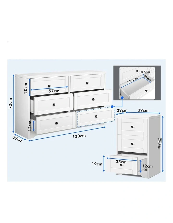 6 Chest Of Drawers Bedside Table Bedroom Storage Set Of 2 in White image 4
