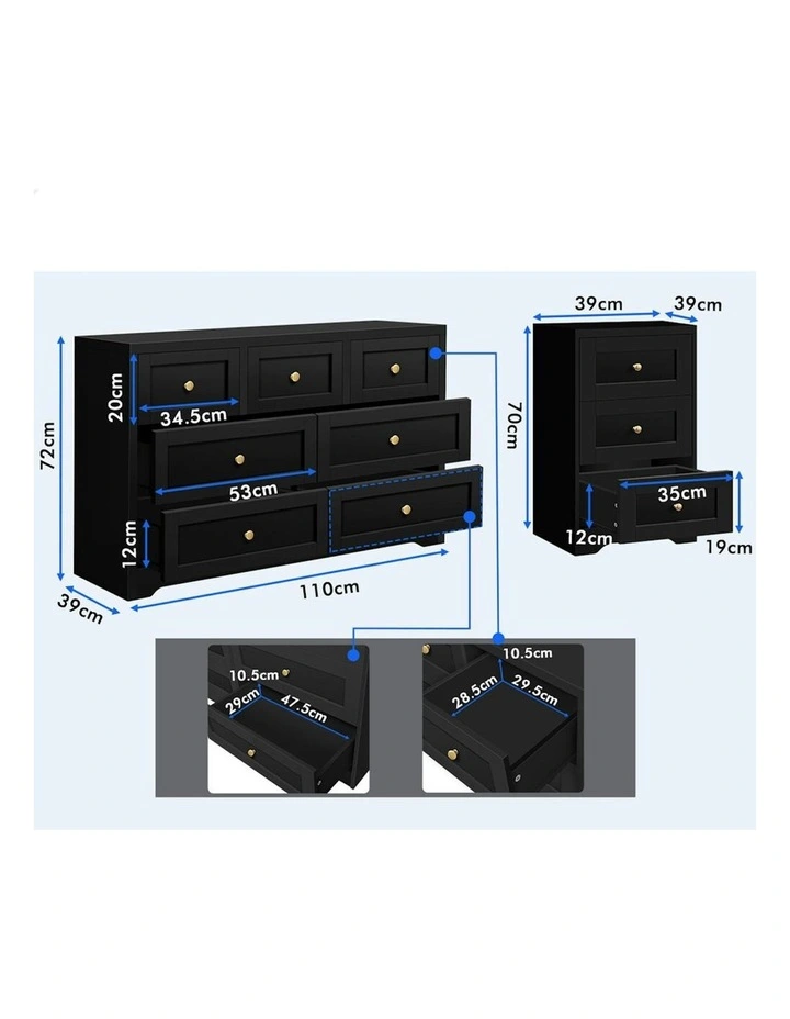 7 Chest Of Drawers Bedside Table Bedroom Storage in Black image 4