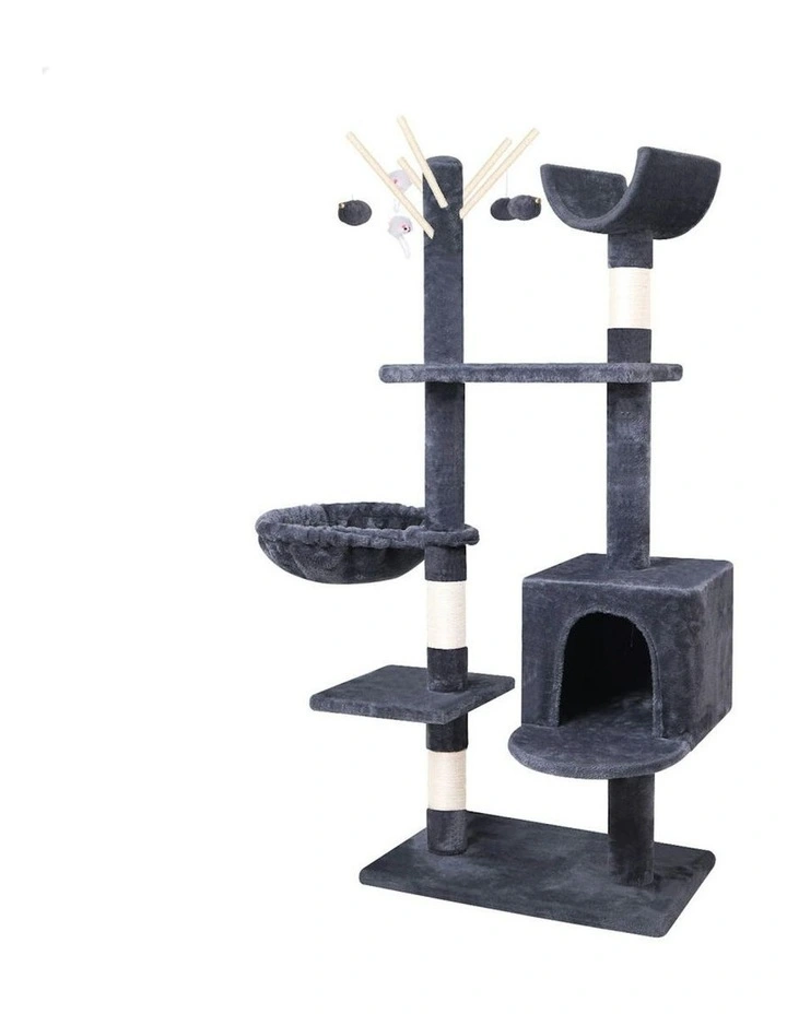 BEASTIE Cat Tree 145cm Grey with Plush Toy Ball & Bell Scratching Post image 1