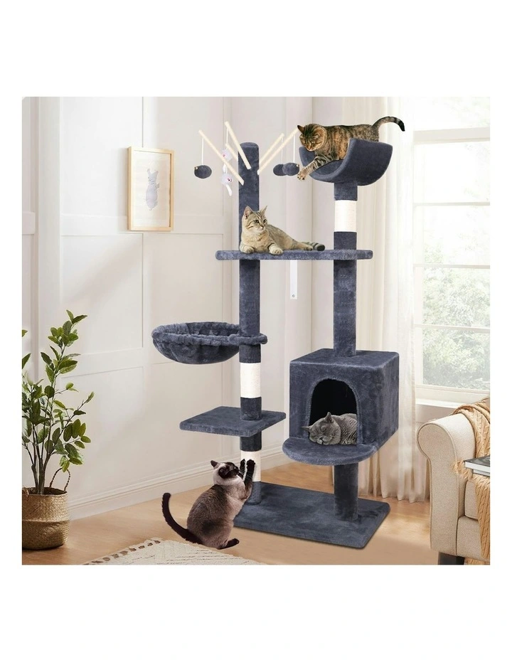 BEASTIE Cat Tree 145cm Grey with Plush Toy Ball & Bell Scratching Post image 2
