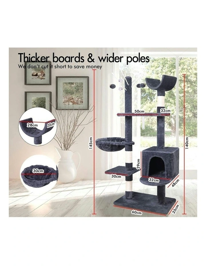 BEASTIE Cat Tree 145cm Grey with Plush Toy Ball & Bell Scratching Post image 7