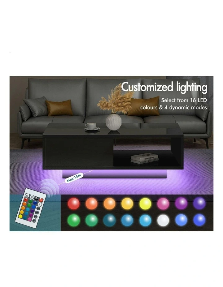 LED Light High Gloss Drawer Coffee Table in Black image 3
