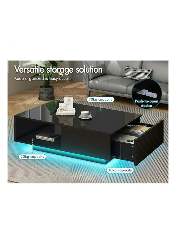 LED Light High Gloss Drawer Coffee Table in Black image 4