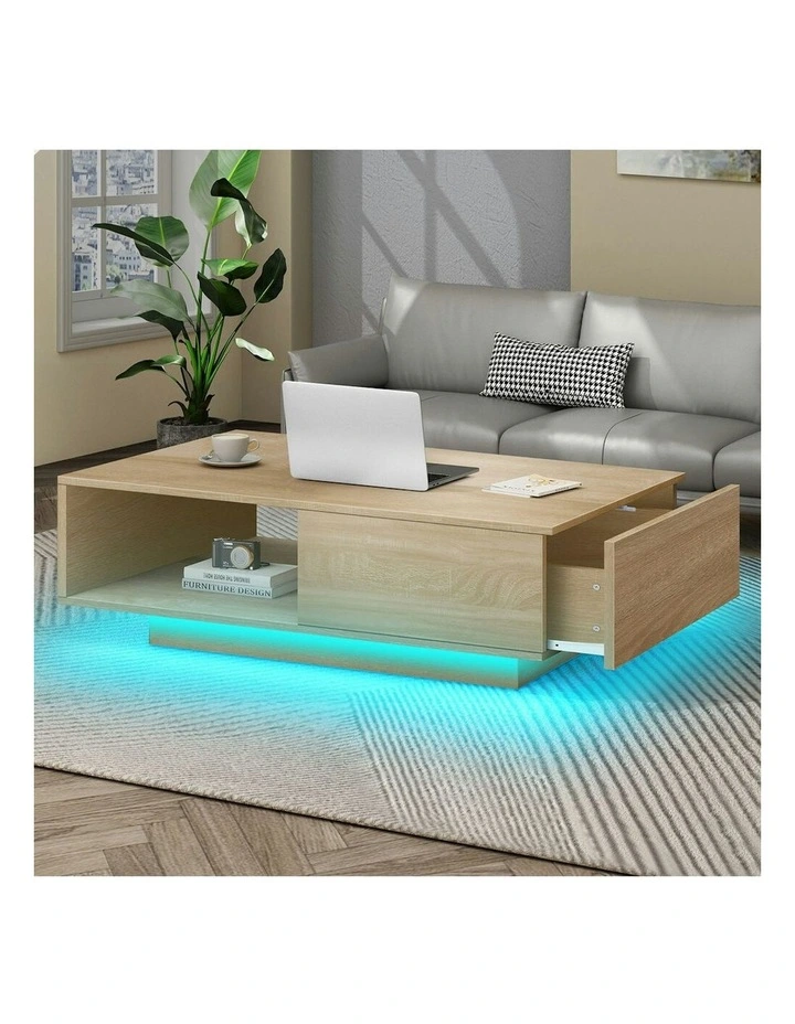 LED Light Storage Drawer Shelf Coffee Table in Oak image 2