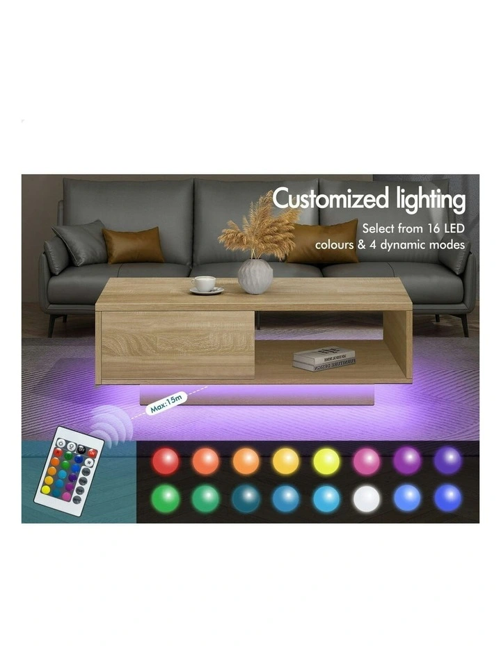 LED Light Storage Drawer Shelf Coffee Table in Oak image 3