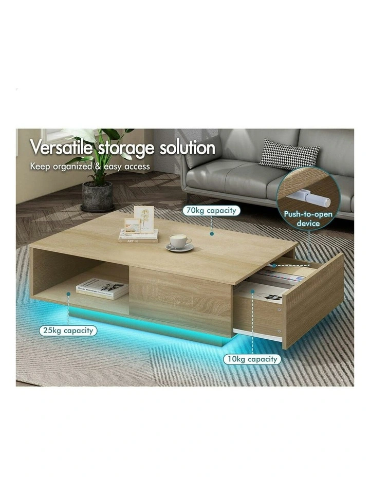 LED Light Storage Drawer Shelf Coffee Table in Oak image 4