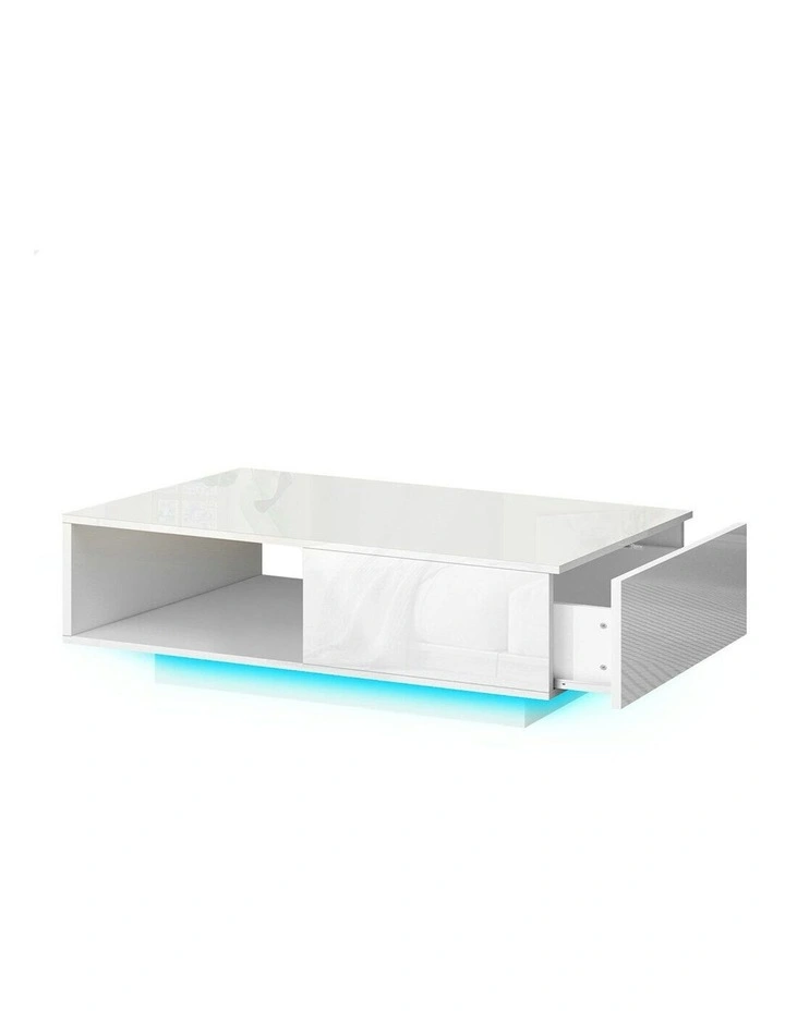 LED RGB Light High Gloss Storage Drawer Shelf Coffee Table in Whtie image 1