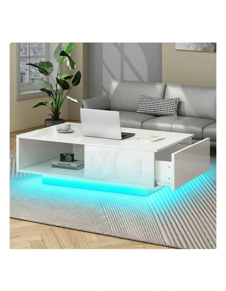 LED RGB Light High Gloss Storage Drawer Shelf Coffee Table in Whtie image 2