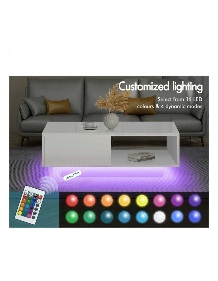 LED RGB Light High Gloss Storage Drawer Shelf Coffee Table in Whtie image 3