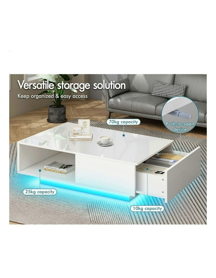 LED RGB Light High Gloss Storage Drawer Shelf Coffee Table in Whtie image 4
