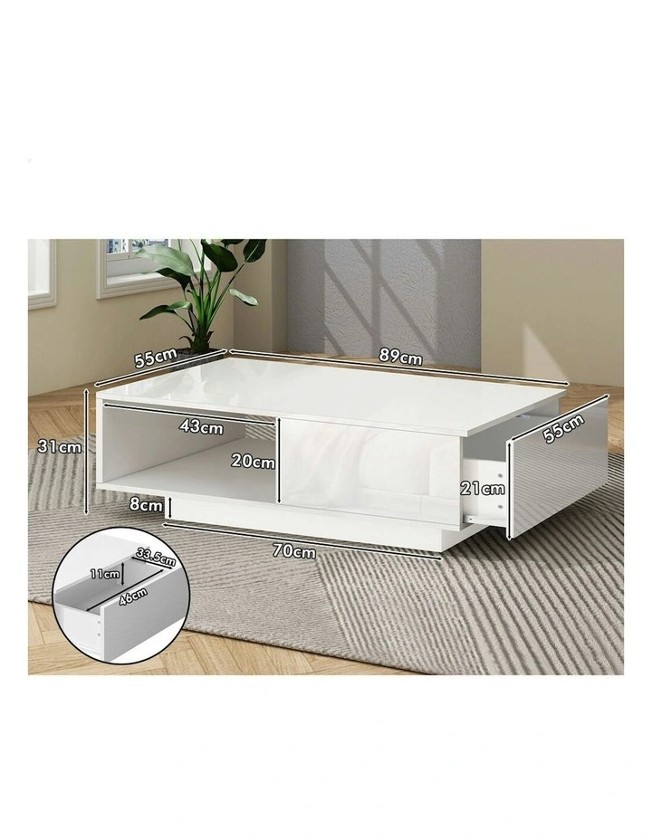 LED RGB Light High Gloss Storage Drawer Shelf Coffee Table in Whtie image 5