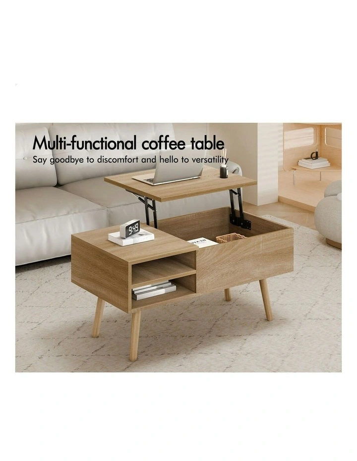 Wood Lift Up Top Hidden Storage Coffee Table in Beige image 3