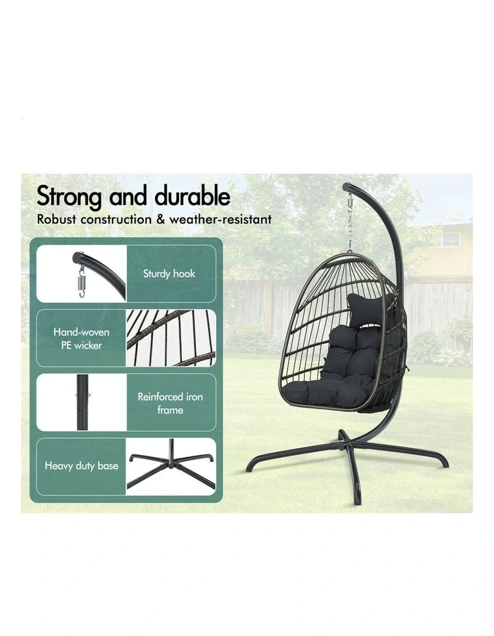 Outdoor Egg Wicker Rattan Pod Foldable Seat Swing Chair in Dark Grey image 4