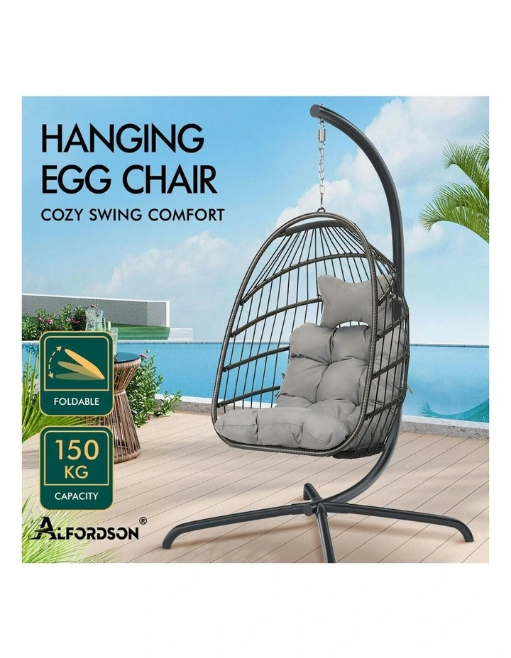 Outdoor Egg Wicker Rattan Pod Foldable Seat Swing Chair in Light Grey image 3