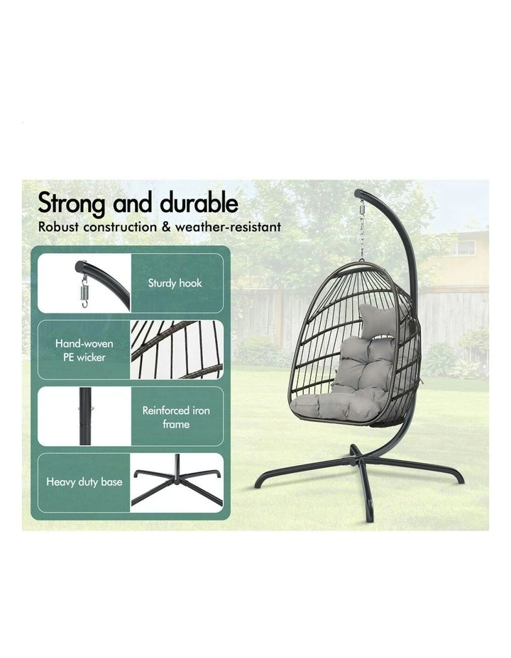 Outdoor Egg Wicker Rattan Pod Foldable Seat Swing Chair in Light Grey image 4