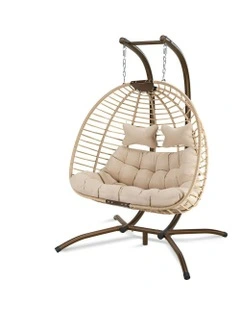 Outdoor 2 Seater Wicker Rattan Pod Hanging Egg Swing Chair in Beige