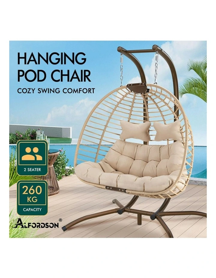Outdoor 2 Seater Wicker Rattan Pod Hanging Egg Swing Chair in Beige image 3