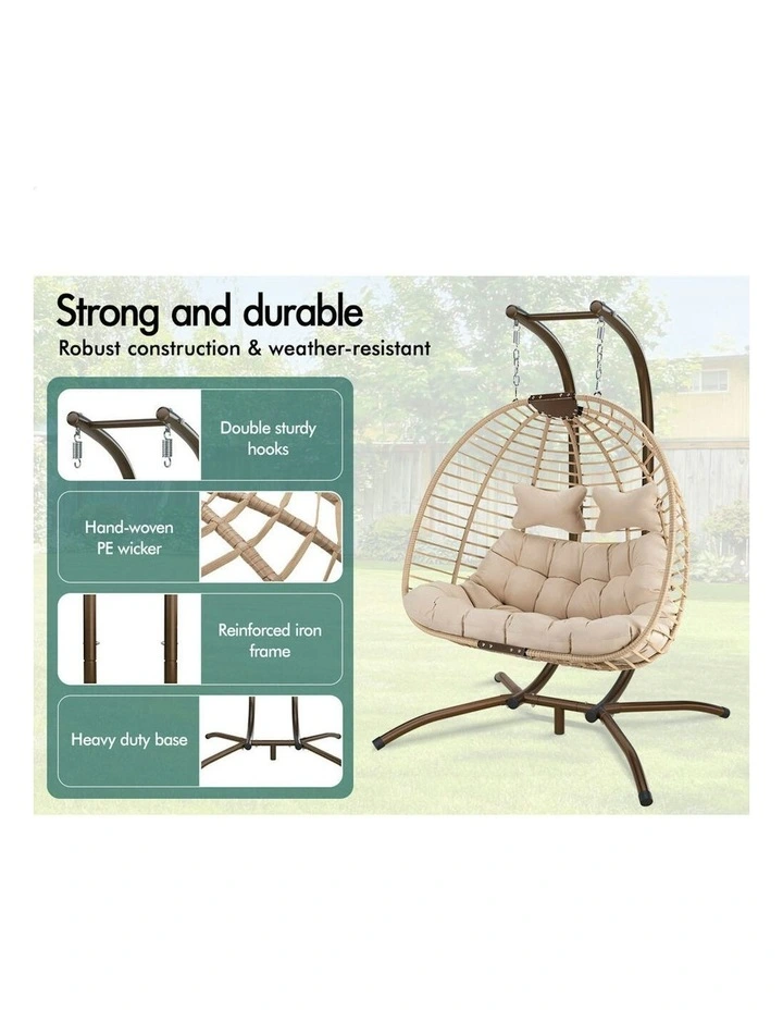 Outdoor 2 Seater Wicker Rattan Pod Hanging Egg Swing Chair in Beige image 4
