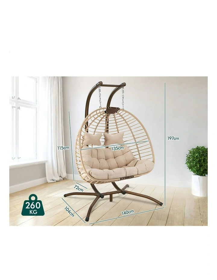 Outdoor 2 Seater Wicker Rattan Pod Hanging Egg Swing Chair in Beige image 6