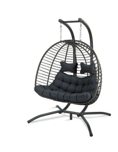 Outdoor 2 Seater Wicker Rattan Pod Hanging Egg Swing Chair in Dark Grey