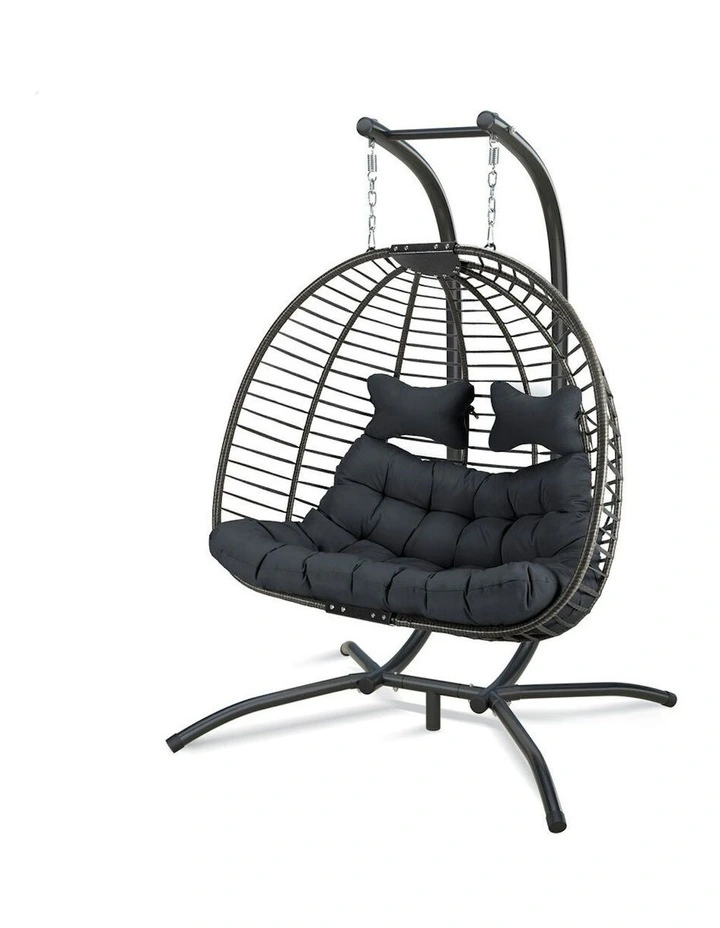 Outdoor 2 Seater Wicker Rattan Pod Hanging Egg Swing Chair in Dark Grey image 1
