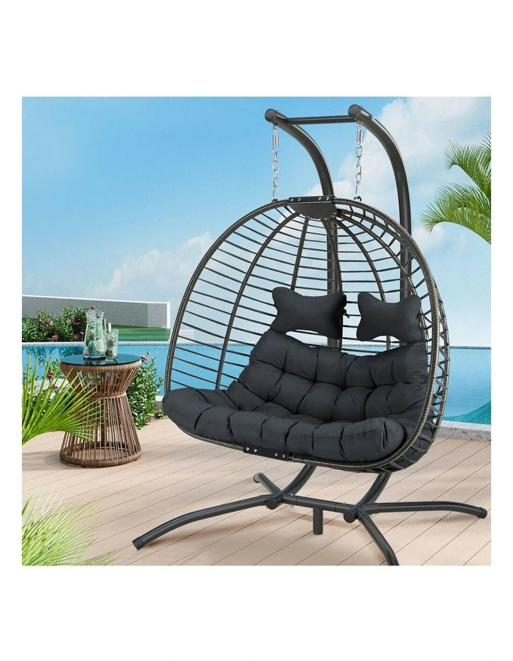 Outdoor 2 Seater Wicker Rattan Pod Hanging Egg Swing Chair in Dark Grey image 2