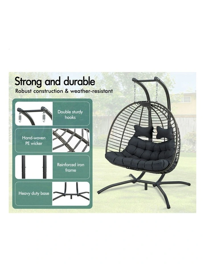 Outdoor 2 Seater Wicker Rattan Pod Hanging Egg Swing Chair in Dark Grey image 4