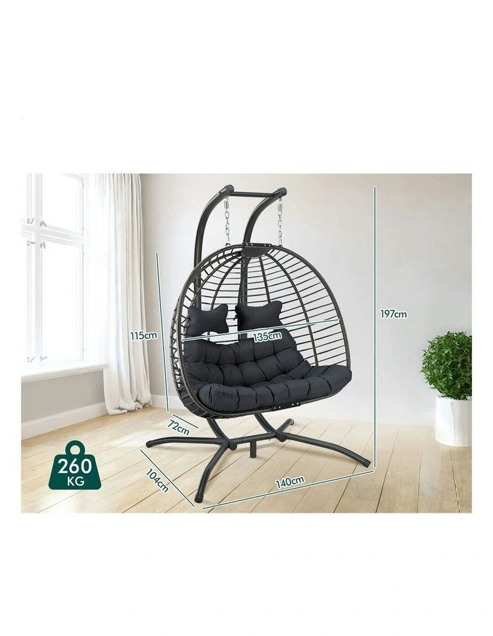 Outdoor 2 Seater Wicker Rattan Pod Hanging Egg Swing Chair in Dark Grey image 6