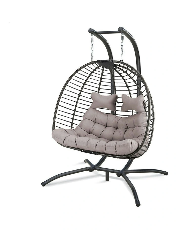 Outdoor 2 Seater Wicker Rattan Pod Hanging Swing Egg Chair in Light Grey image 1